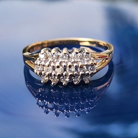 14K Yellow Gold Diamond Cluster 3 Tier Open Work Accent Ring - Picture 2 of 12